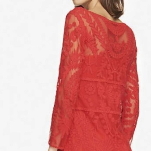 EXPRESS size XS Cherry Red Long Sleeve Crochet Lace Mini Dress NWT - Picture 3 of 7